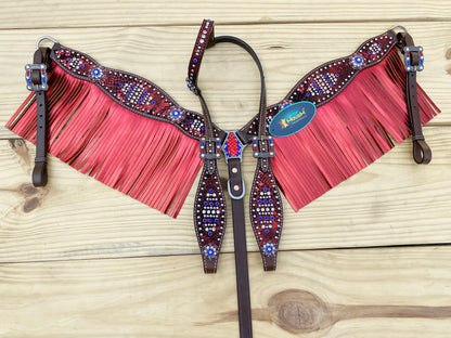 MOUSM 4th July Western Headstall &amp; Breast Collar Set – Made from Genuine Argentina Cow Leather, Independence Day Western Horse Tack Set Patriotic USA Flag Design with Red Fringe and Sparkling Conchos