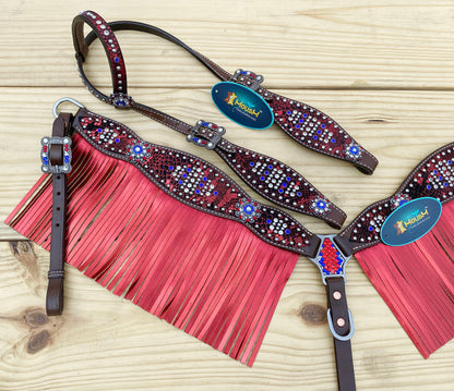 MOUSM 4th July Western Headstall &amp; Breast Collar Set – Made from Genuine Argentina Cow Leather, Independence Day Western Horse Tack Set Patriotic USA Flag Design with Red Fringe and Sparkling Conchos