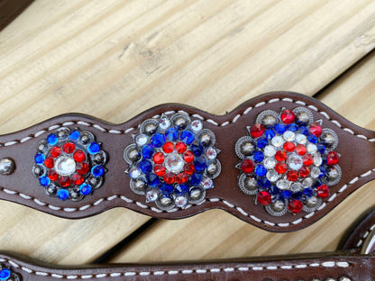 4th July Leather Headstall and Breast Collar Set for the horse, Independence Western headstall tack with Classy look patriotic USA Flag look