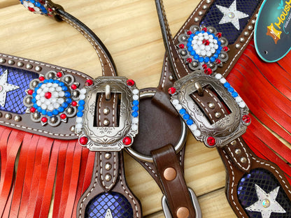 MOUSM 4th of July Western Bridles and Headstalls Set – Western Horse Tack Set Patriotic USA Flag Design with Red Fringe &amp; Star Inlay