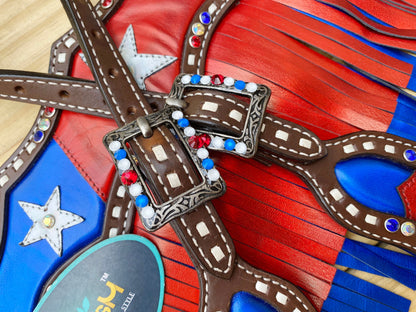 MOUSM 4th of July Western Headstall &amp; Breast Collar Set – Independence Western Headstall Tack Patriotic USA Flag Design with Blue Inlay, Star Details &amp; Red-Blue Fringe