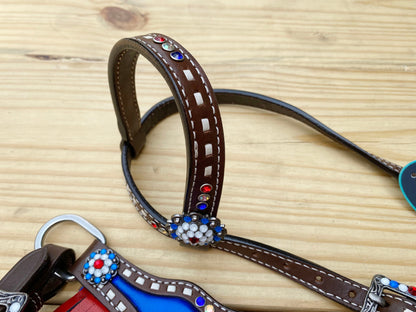 MOUSM 4th of July Western Headstall &amp; Breast Collar Set – Independence Western Headstall Tack Patriotic USA Flag Design with Blue Inlay, Star Details &amp; Red-Blue Fringe