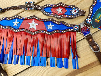 MOUSM 4th of July Western Headstall &amp; Breast Collar Set – Independence Western Headstall Tack Patriotic USA Flag Design with Blue Inlay, Star Details &amp; Red-Blue Fringe