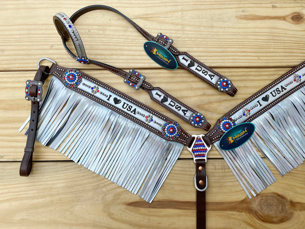 I LOVE USA Heart and White Fringe  Headstall Tack Set
