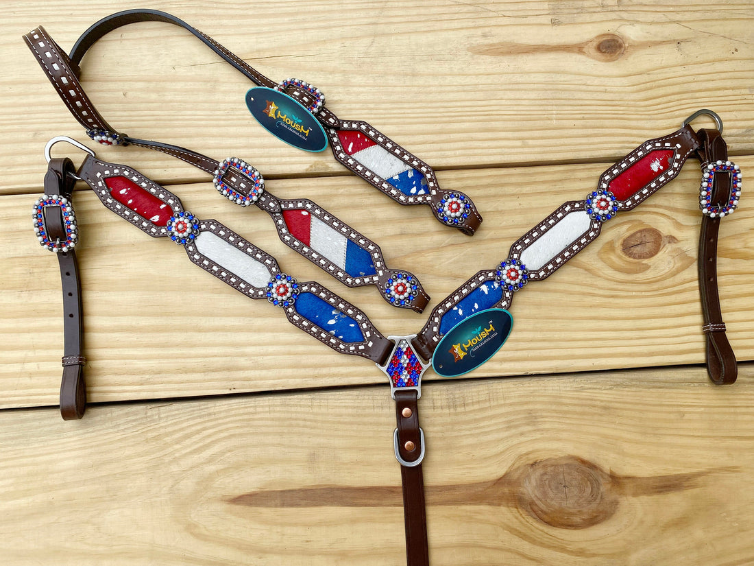 MOUSM 4th of July Western Headstall &amp; Breast Collar Set – Independence Western Headstall Tack Set Acid Wash USA Flag Colour Inlay and Matching USA Conchos