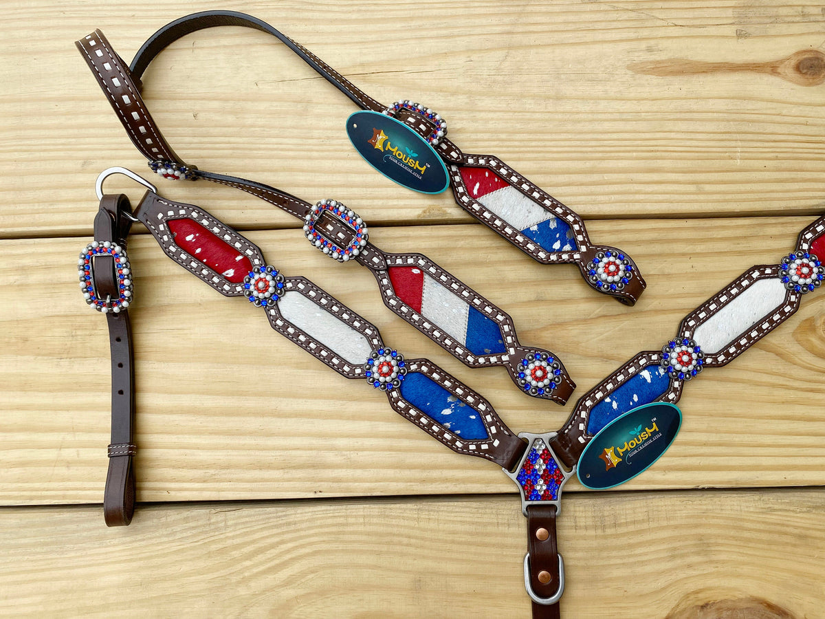 Acid Wash USA Flag Color Headstall and Breast Collar Set