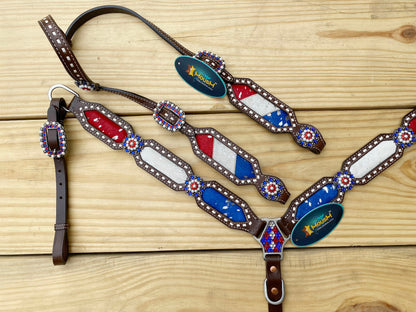 4th July Leather Headstall and Breast Collar Set for the horse, Independence DAY Western headstall tack acid wash USA Flag colour Inlay