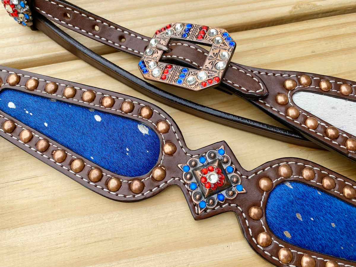Acid Wash USA Flag Color Browband Headstall Tack Set