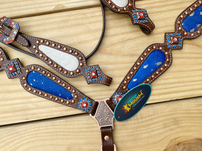 4th July Leather Headstall and Breast Collar Set for the horse, Independence DAY Western headstall tack set acid wash USA Flag colour Inlay
