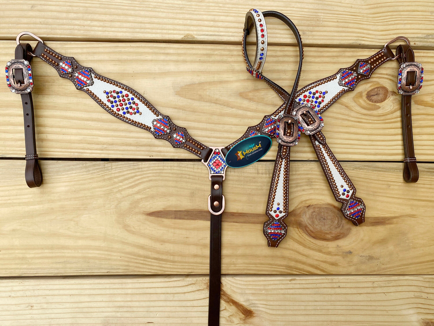 4th July Leather Headstall and Breast Collar Set for the horse, Independence DAY Western headstall tack USA Flag stone and beads Inlay MOUSM