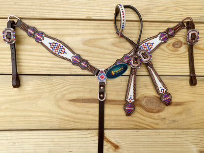 4th July Leather Headstall and Breast Collar Set for the horse, Independence DAY Western headstall tack USA Flag stone and beads Inlay MOUSM