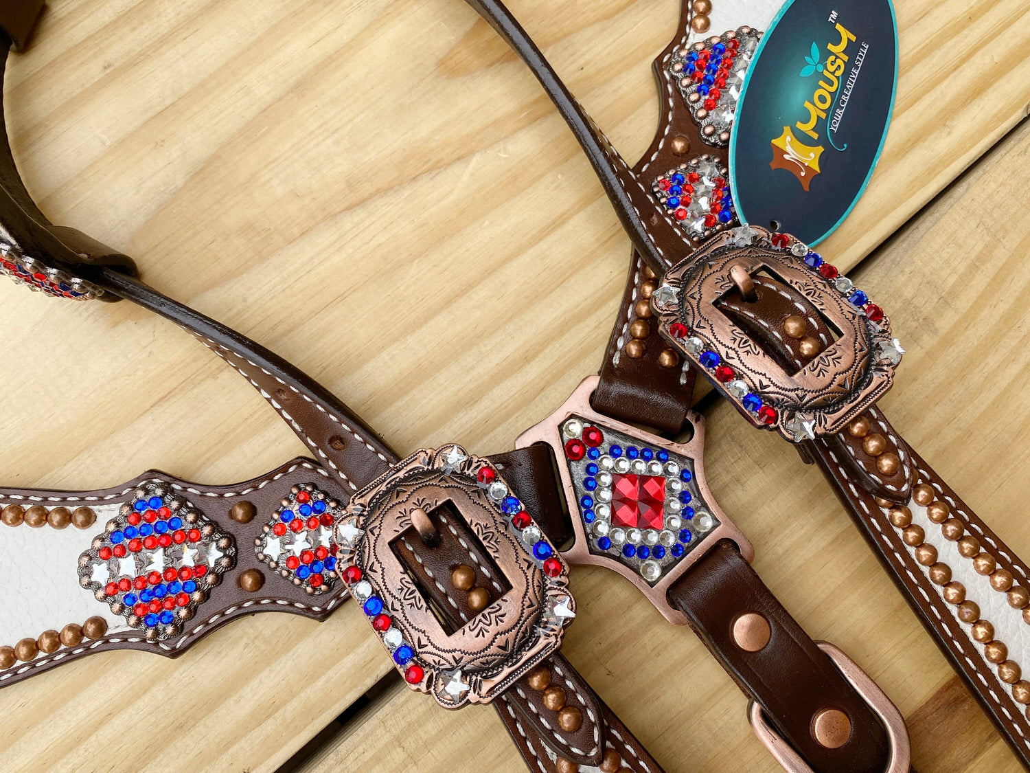 4th July Leather Headstall and Breast Collar Set for the horse, Independence DAY Western headstall tack USA Flag stone and beads Inlay MOUSM