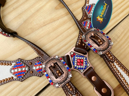 4th July Leather Headstall and Breast Collar Set for the horse, Independence DAY Western headstall tack USA Flag stone and beads Inlay MOUSM