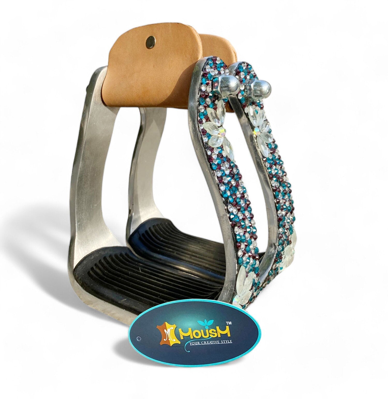 Stirrups come accented with premium glittering blue black brown white rhinestones with silver flower studs by  MOUSM