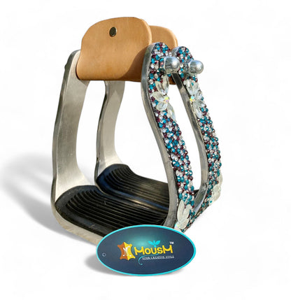 Stirrups come accented with premium glittering blue black brown white rhinestones with silver flower studs by  MOUSM