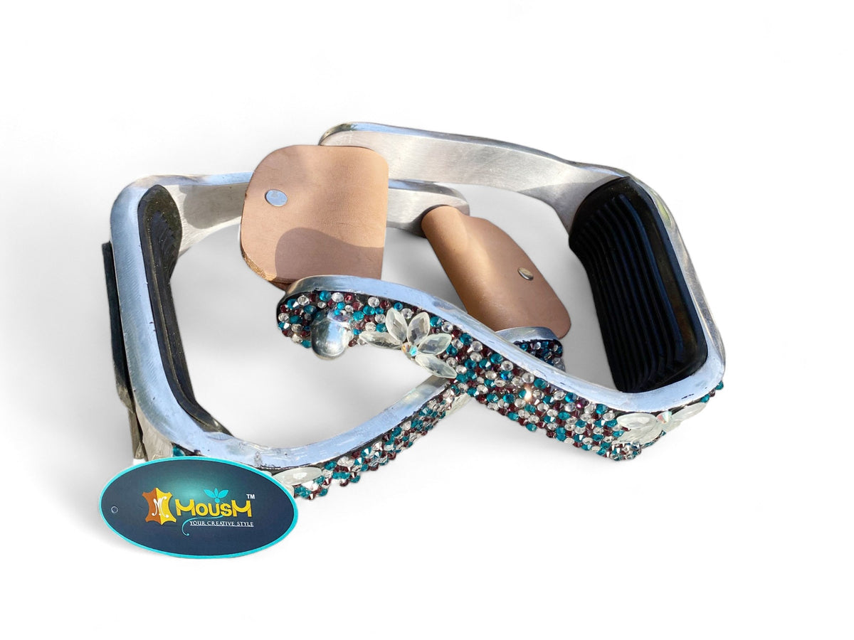 MOUSM Western Horse Stirrups - Aluminum Barrel Stirrups With Glittering Blue-Black-Brown-White Rhinestones &amp; Silver Flower Studs