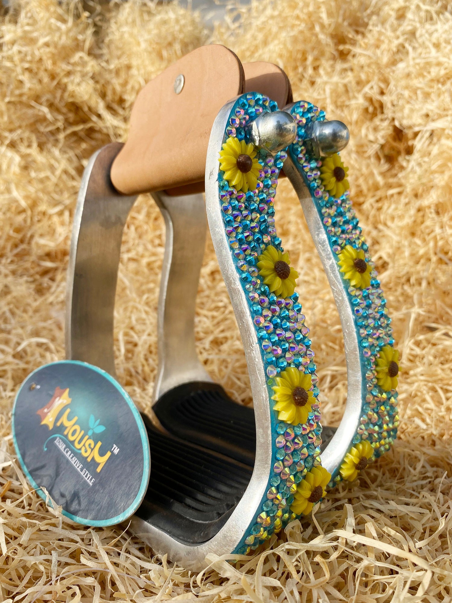 Western Aluminium Barrel Horse Stirrups come accented with premium glitter rhinestone in turquoise inlay and sunflower studs by  MOUSM
