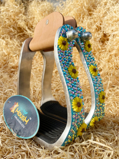 Western Aluminium Barrel Horse Stirrups come accented with premium glitter rhinestone in turquoise inlay and sunflower studs by  MOUSM