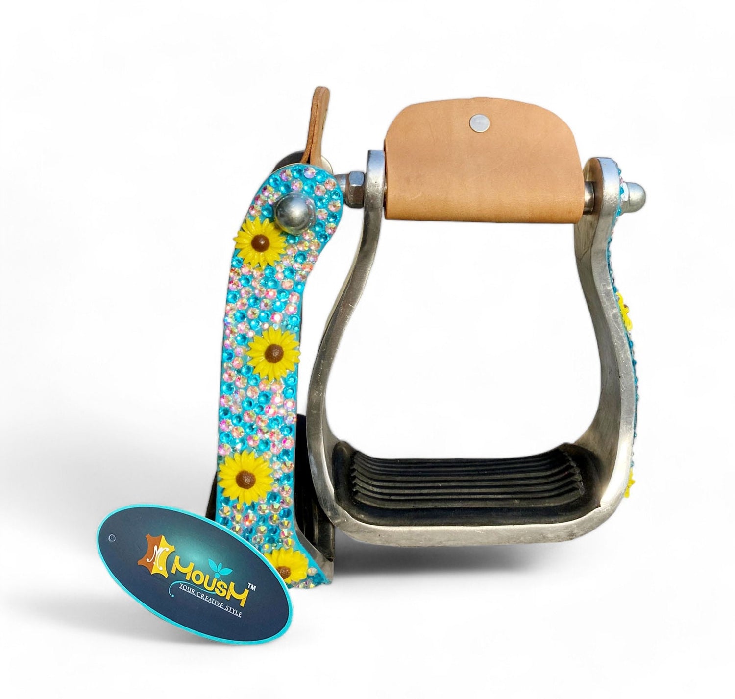 Western Aluminium Barrel Horse Stirrups come accented with premium glitter rhinestone in turquoise inlay and sunflower studs by  MOUSM
