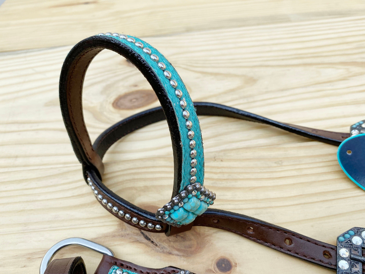 Valentine Day Western Leather Headstall and Breast Collar tack Set for the horse, headstall turquoise silver metallic acid wash cowhide