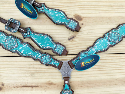 Valentine Day Western Leather Headstall and Breast Collar tack Set for the horse, headstall turquoise silver metallic acid wash cowhide