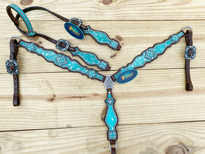 Valentine Day Western Leather Headstall and Breast Collar tack Set for the horse, headstall turquoise silver metallic acid wash cowhide