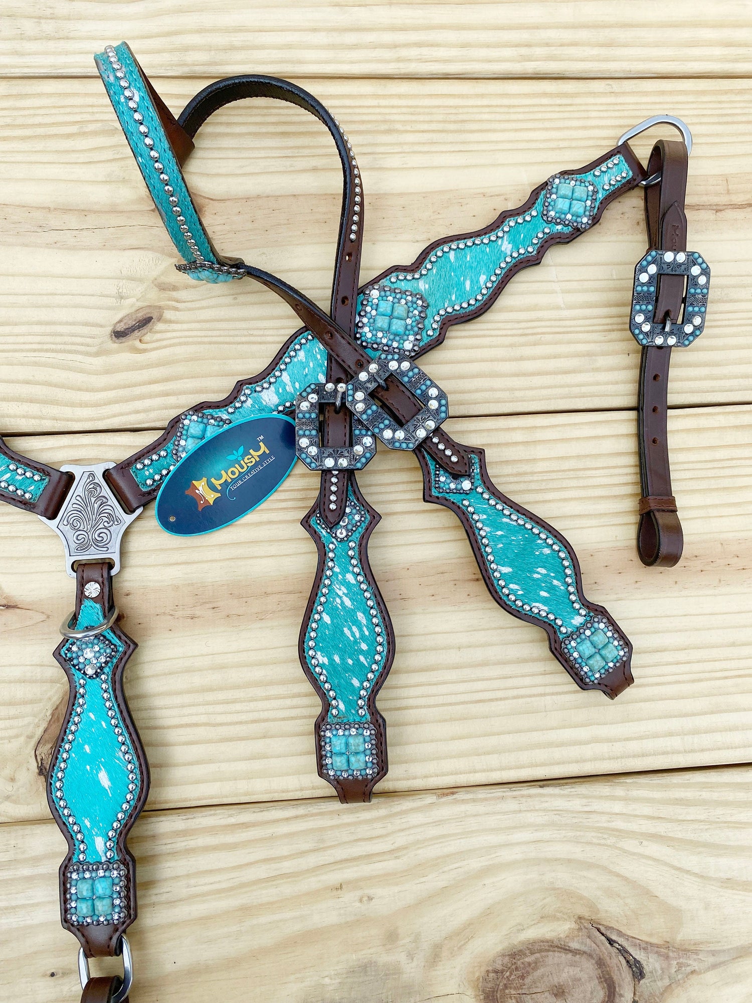 Valentine Day Western Leather Headstall and Breast Collar tack Set for the horse, headstall turquoise silver metallic acid wash cowhide