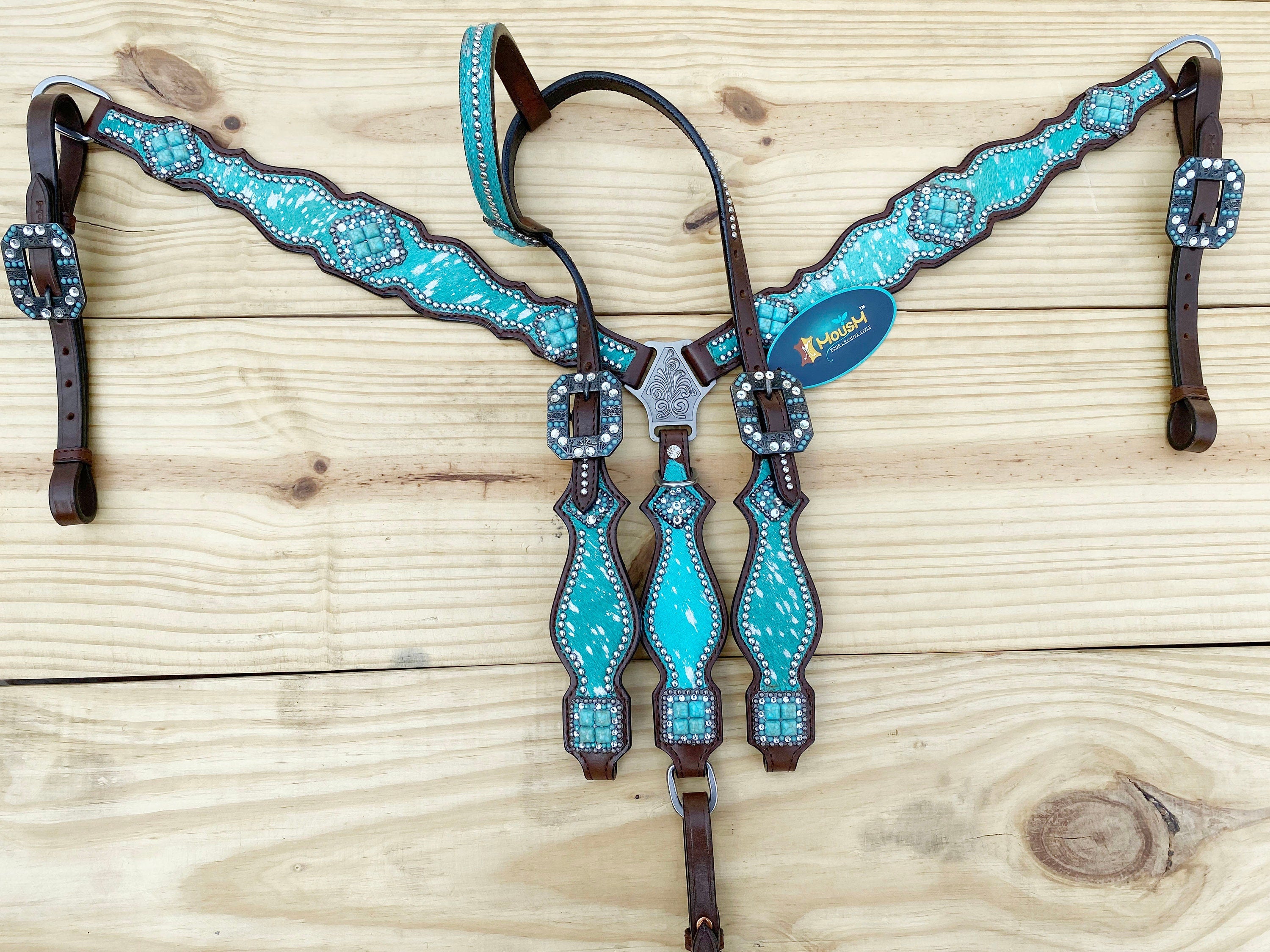 Valentine Day Western Leather Headstall and Breast Collar tack Set for the horse, headstall turquoise silver metallic acid wash cowhide