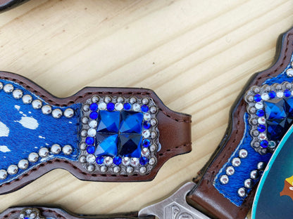 Valentine Day  Western Leather Headstall and Breast Collar tack Set for the horse, headstall blue silver metallic acid wash cowhide look
