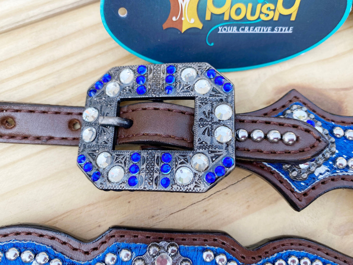 Blue Silver Metallic Acid Wash Cowhide Complete Headstall Set