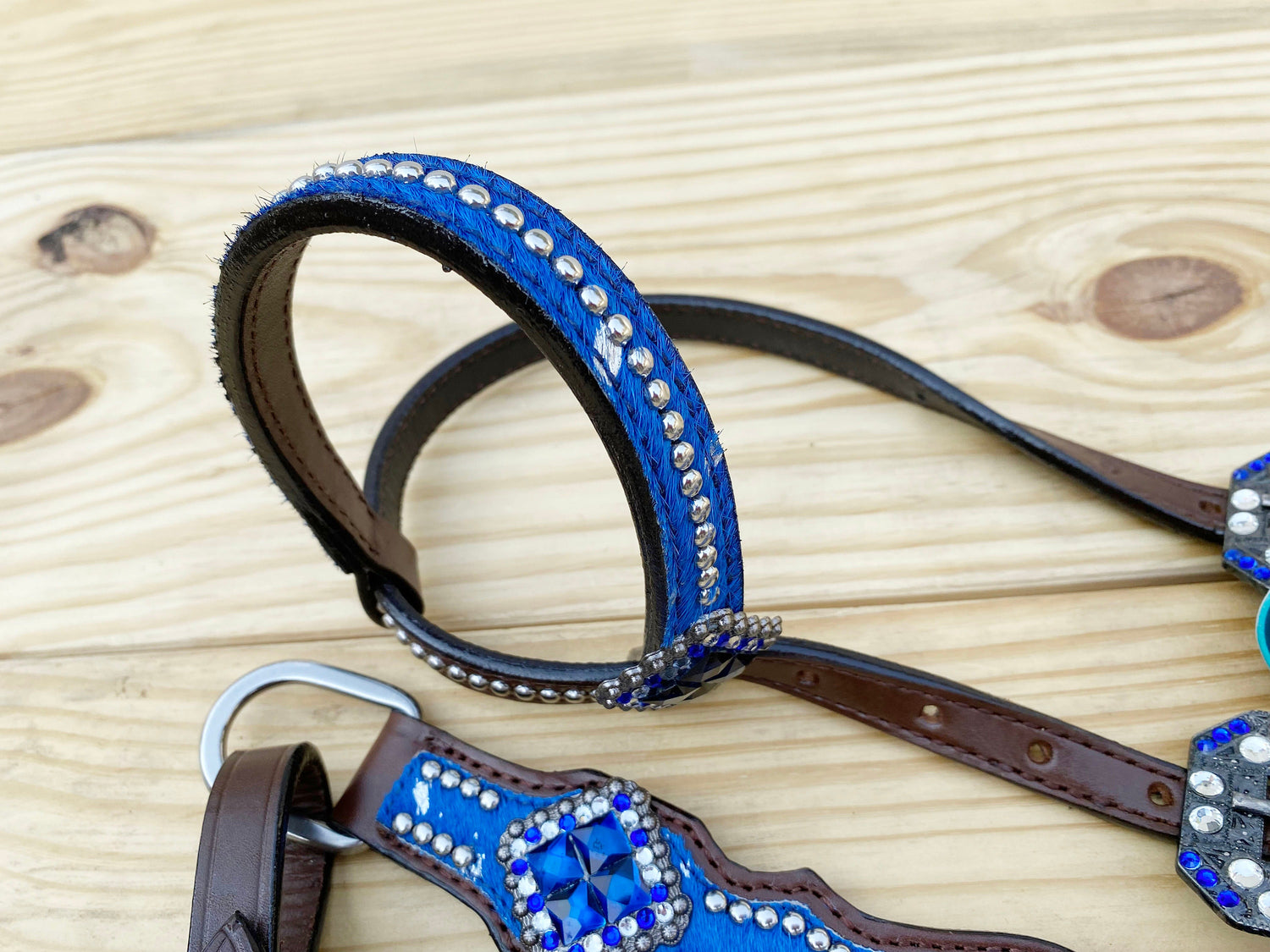 Valentine Day  Western Leather Headstall and Breast Collar tack Set for the horse, headstall blue silver metallic acid wash cowhide look