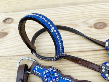 Valentine Day  Western Leather Headstall and Breast Collar tack Set for the horse, headstall blue silver metallic acid wash cowhide look