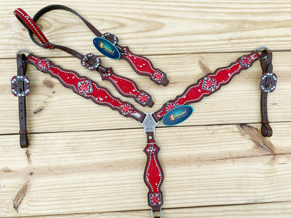 Valentine Day Western Leather Headstall and Breast Collar tack Set for the horse, headstall red silver metallic acid wash cowhide look