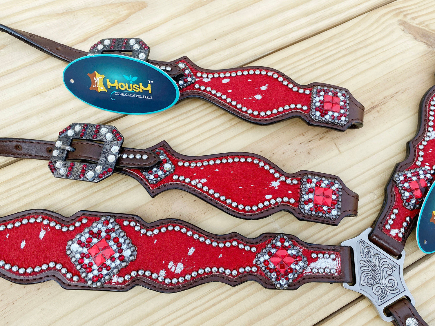 Valentine Day  Western Leather Headstall and Breast Collar tack Set for the horse, headstall red silver metallic acid wash cowhide look