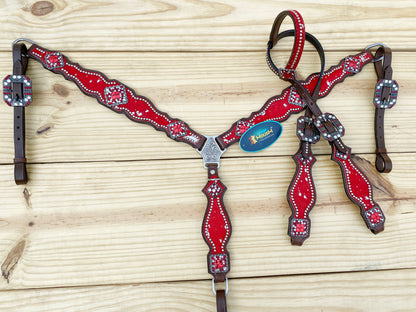 Valentine Day  Western Leather Headstall and Breast Collar tack Set for the horse, headstall red silver metallic acid wash cowhide look