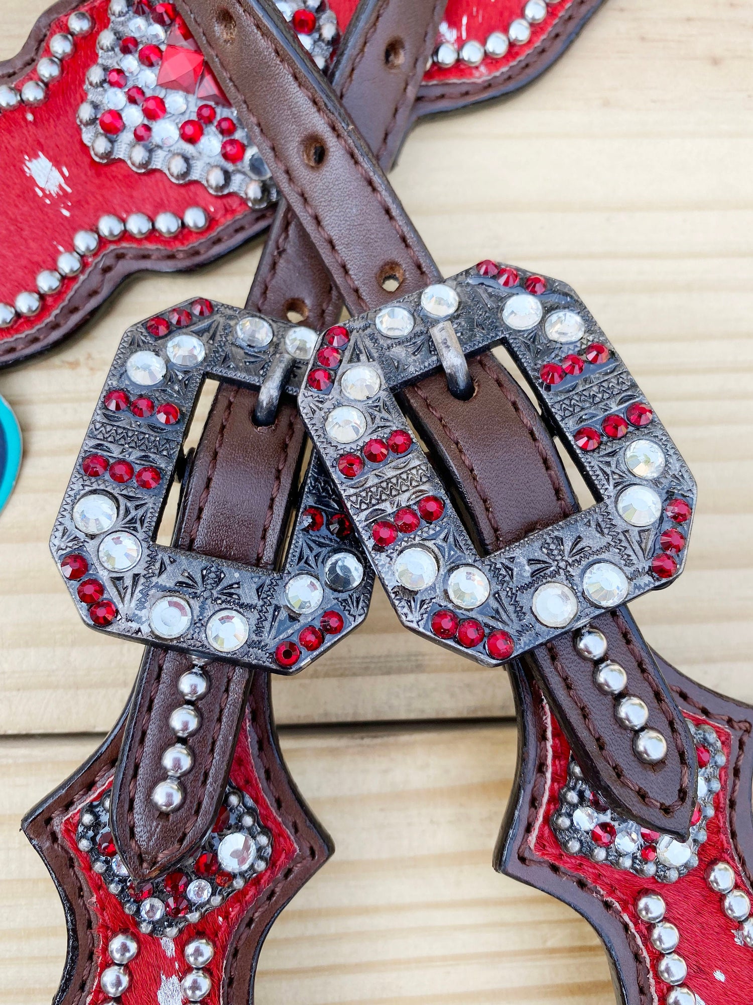 Valentine Day Western Leather Headstall and Breast Collar tack Set for the horse, headstall red silver metallic acid wash cowhide look
