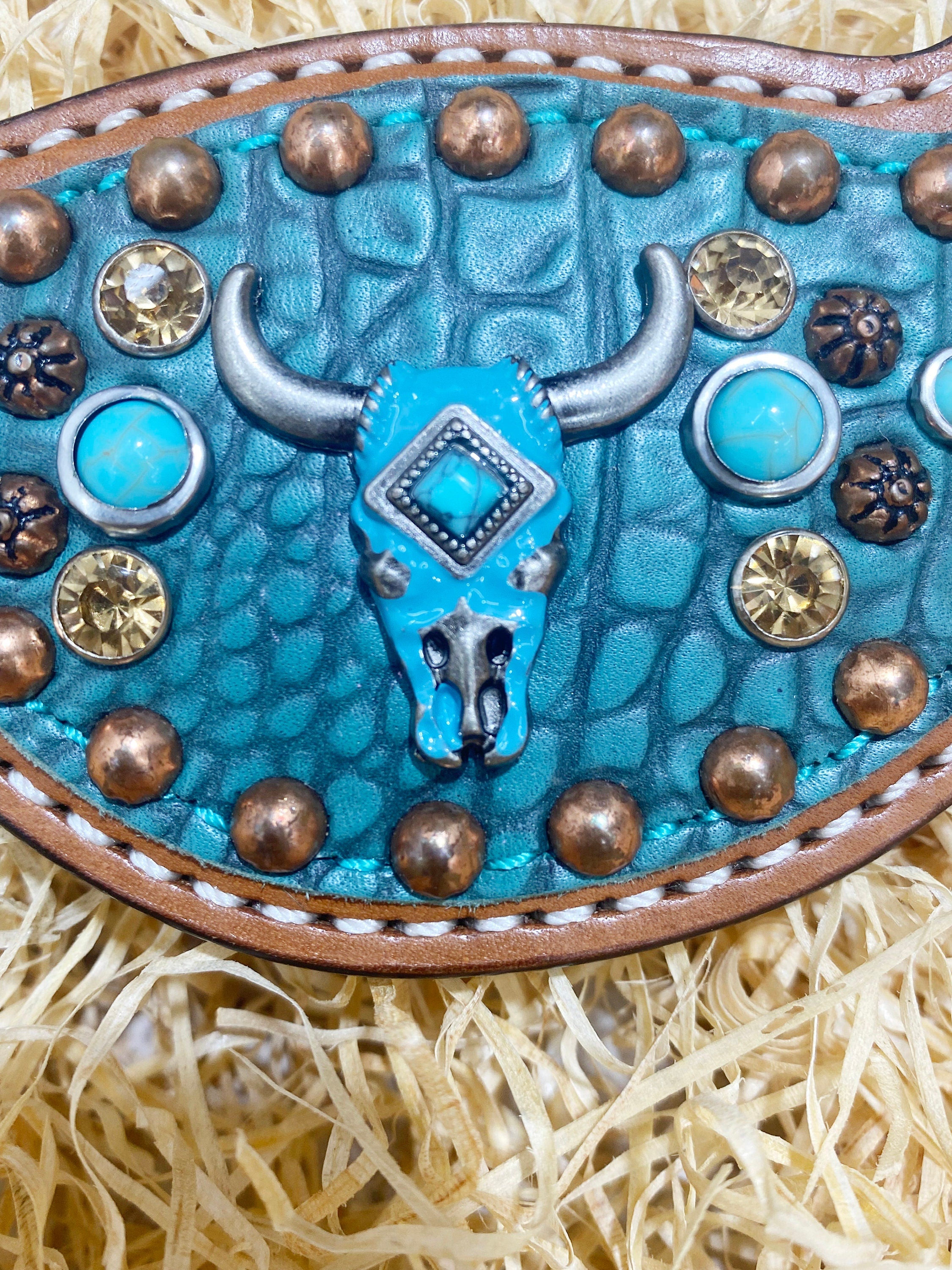 MOUSM Western Spur Straps – Argentina Cow Leather Ladies Spurs Strap Decorated with 3D Bullhead and Beads on Alligator-Patterned Leather, Antique Nickel Buckles