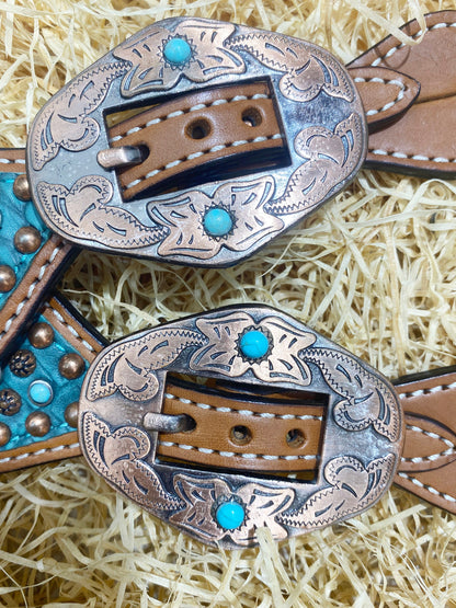 MOUSM Western Spur Straps – Argentina Cow Leather Ladies Spurs Strap Decorated with 3D Bullhead and Beads on Alligator-Patterned Leather, Antique Nickel Buckles