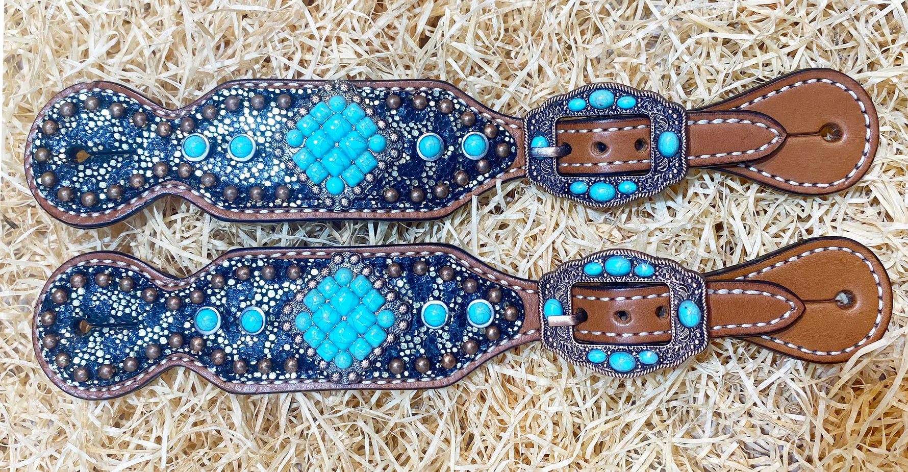 MOUSM Western Headstall &amp; Breast Collar Set – Made with Argentina Cow Leather, Western Horse Tack Decorated with Leopard Print and Turquoise Stone Overlay, Antique Copper Hardware