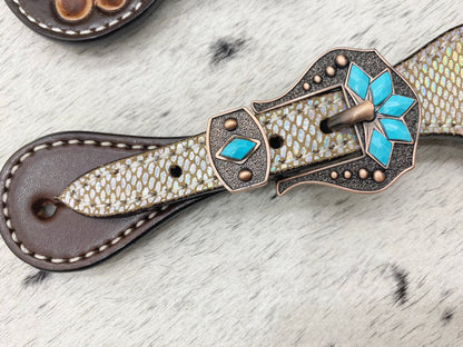 Spurs strap Leather Ladies Spur strap decorated with holographic snake look and engraved flower with turquoise decorative inlay by Mousm