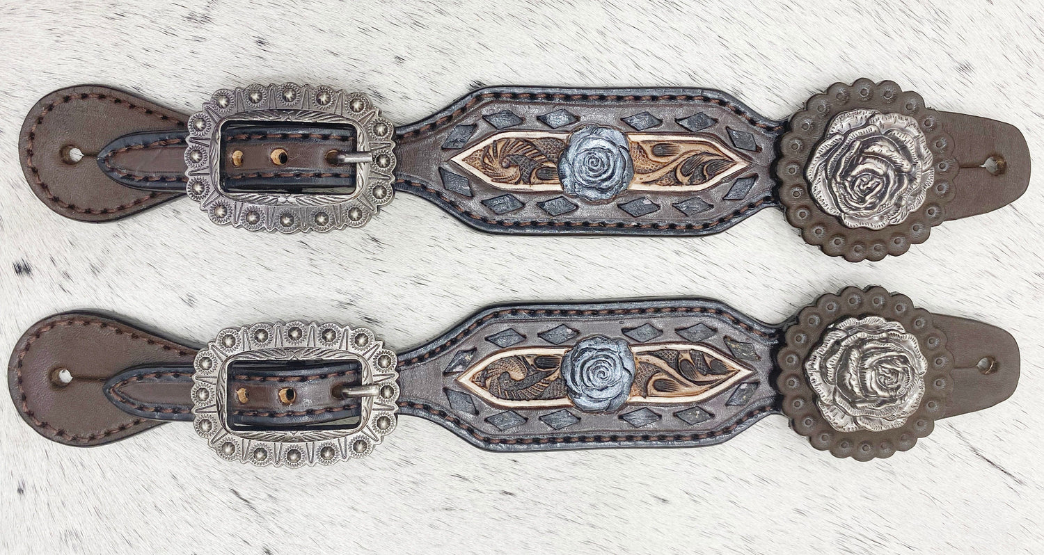 Spurs Leather Ladies Spur strap decorated with 3D rose flower and buck stitch inlay