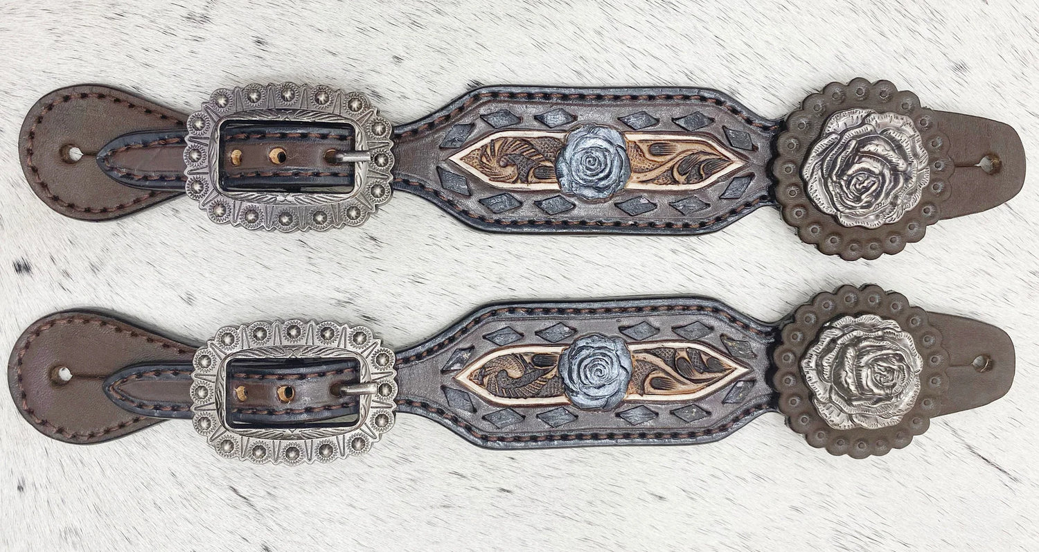 MOUSM Argentina Cow Leather Western Horse Tack Set – Browband Headstall &amp; Breast Collar, Bronc Halter, Wither &amp; Spur Straps, Decorated with Black Buck Stitching, Rose Hardware &amp; Hand-Carved Detailing