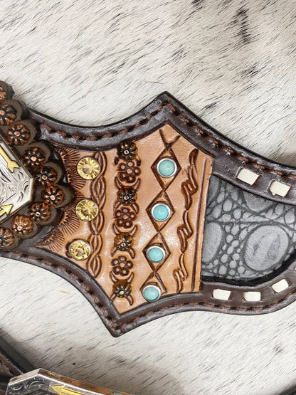 Spurs Leather Ladies Spur strap decorated with alligator and engraved look leather with turquoise rhinestone and buck stitching inlay