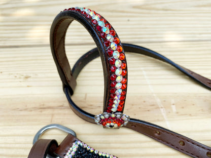 MOUSM Western Bridle and Breast Collar Set – Decorated with Orange, Red, Silver, and Black Stones Inlay with Matching Flower Concho