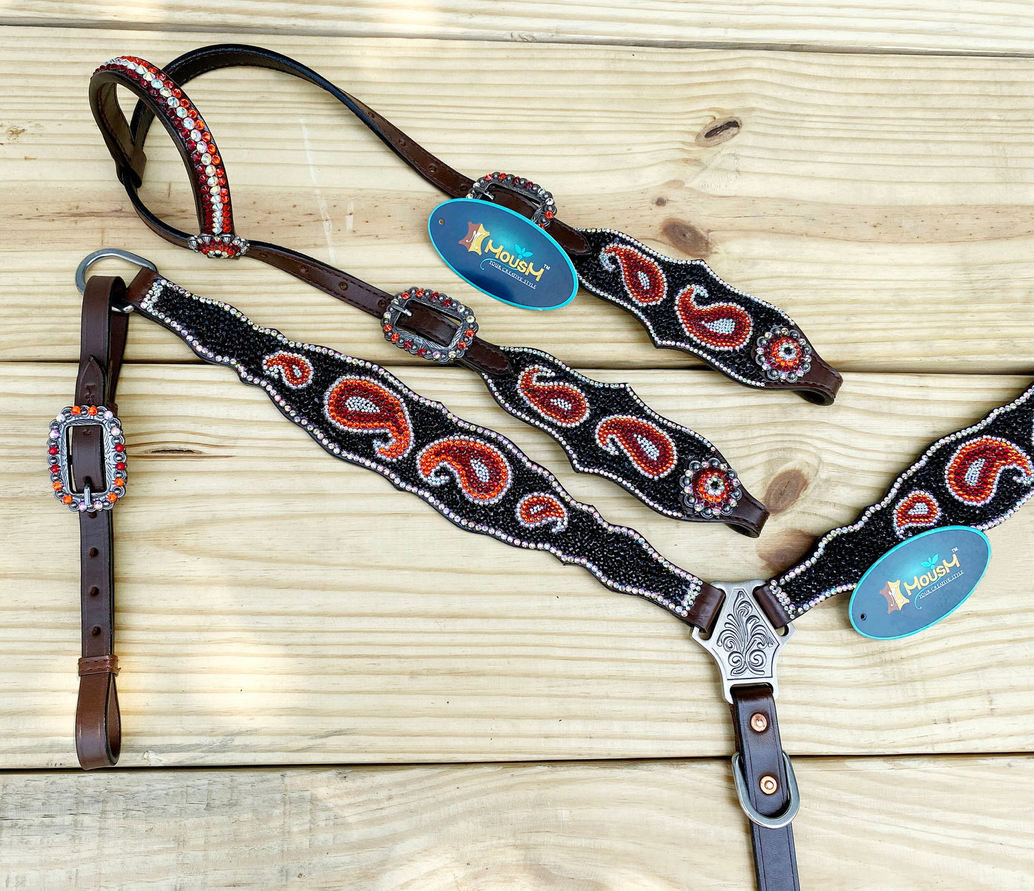 MOUSM Western Bridle and Breast Collar Set – Decorated with Orange, Red, Silver, and Black Stones Inlay with Matching Flower Concho