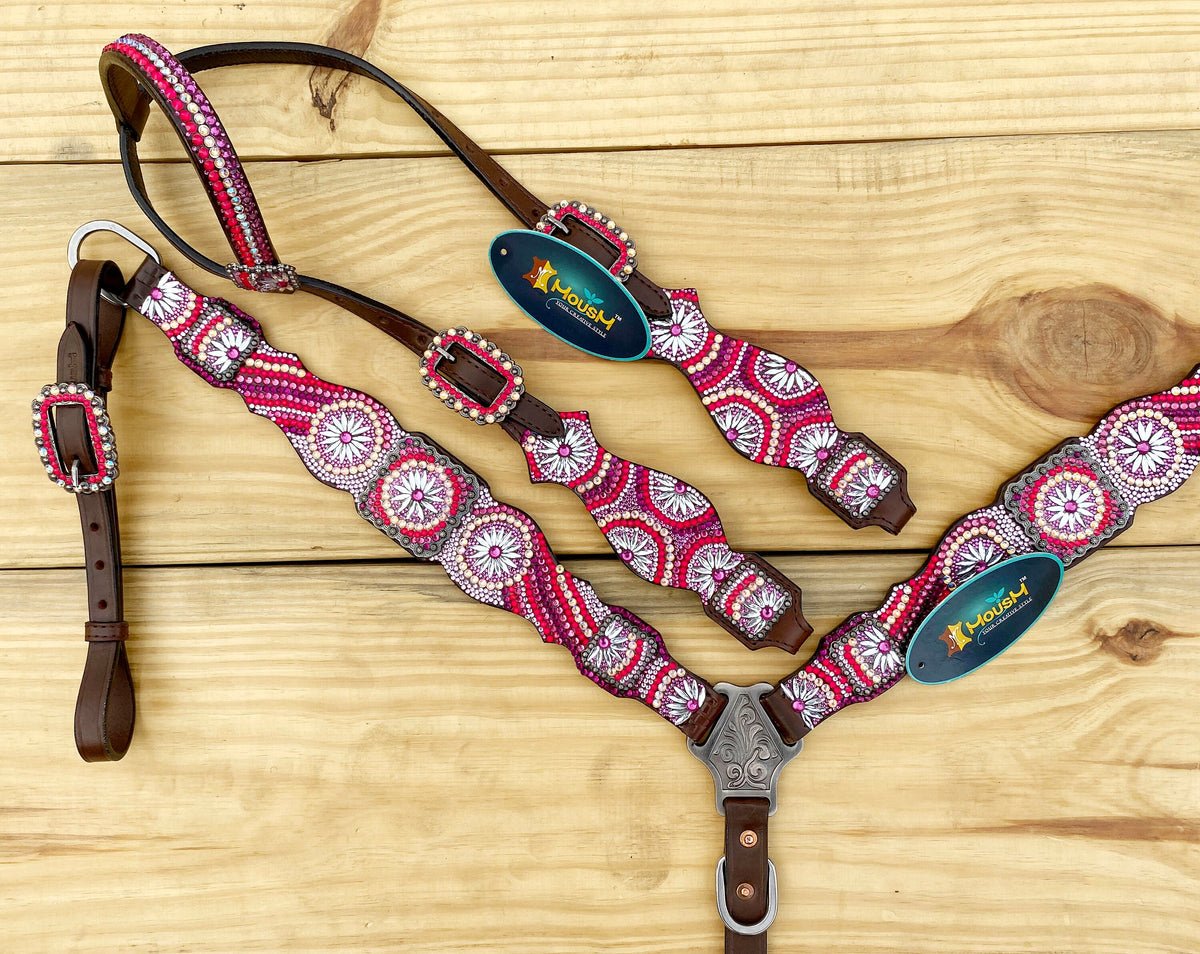 Red, Silver, Orange and Black Rhinestones Horse Tack Set