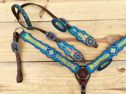 MOUSM Argentina Cow Leather Western Bridle and Breast Collar Set - Decorated with Blue, Turquoise, Green Yellow and Pink rhinestones flower concho