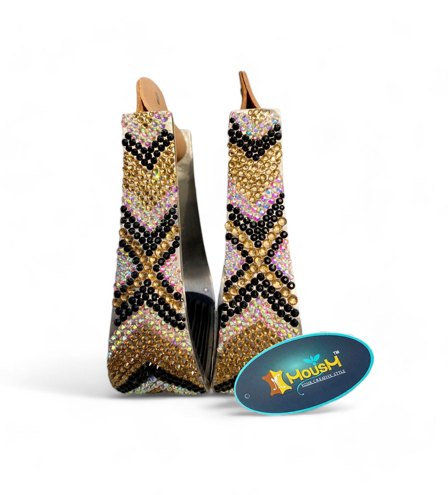 Western Aluminium Barrel Horse Stirrups come accented with premium golden and black rhinestone for luxury shine design by  MOUSM