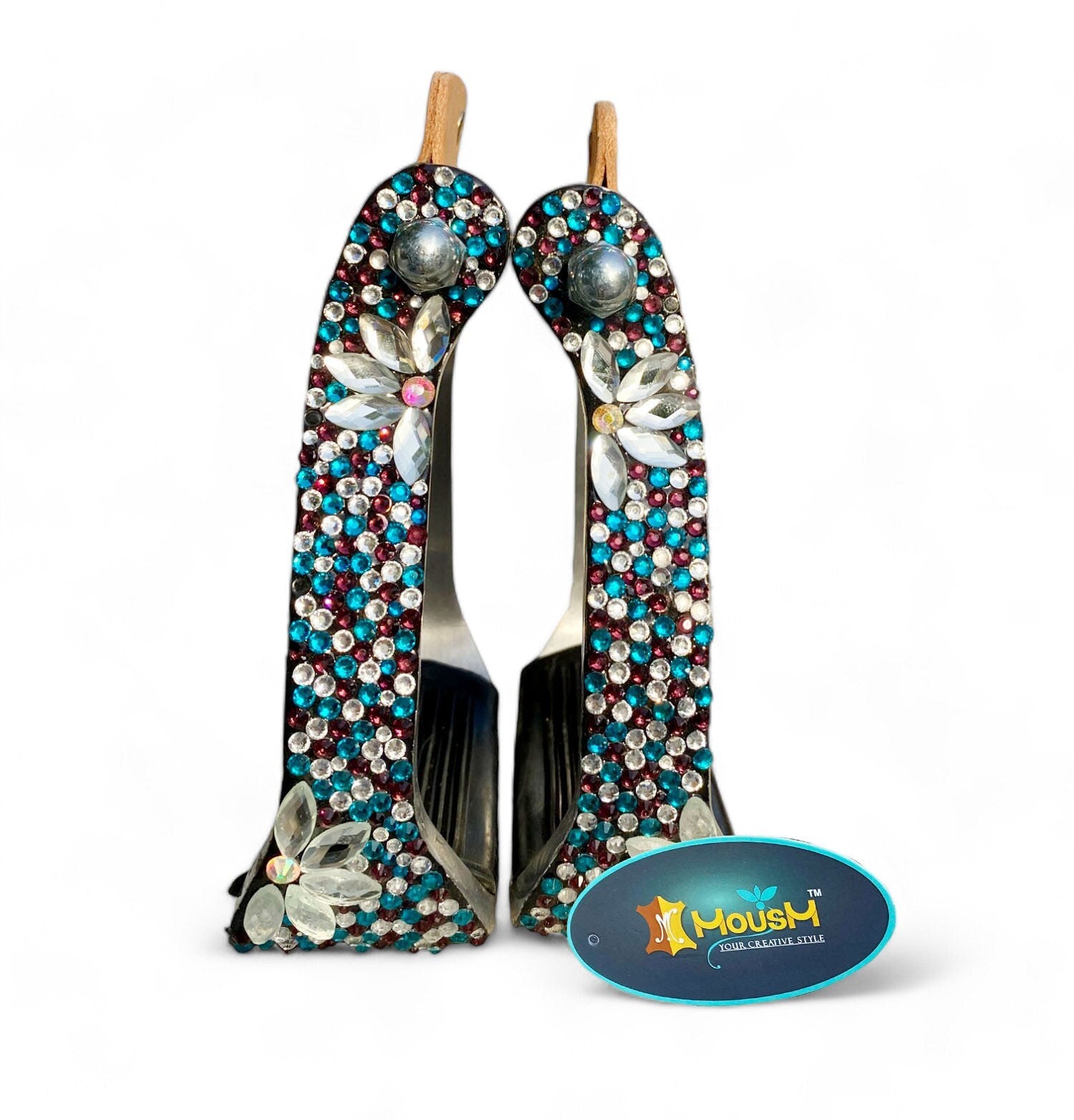 Stirrups come accented with premium glittering blue black brown white rhinestones with silver flower studs by  MOUSM