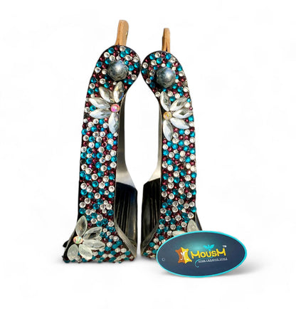 Stirrups come accented with premium glittering blue black brown white rhinestones with silver flower studs by  MOUSM